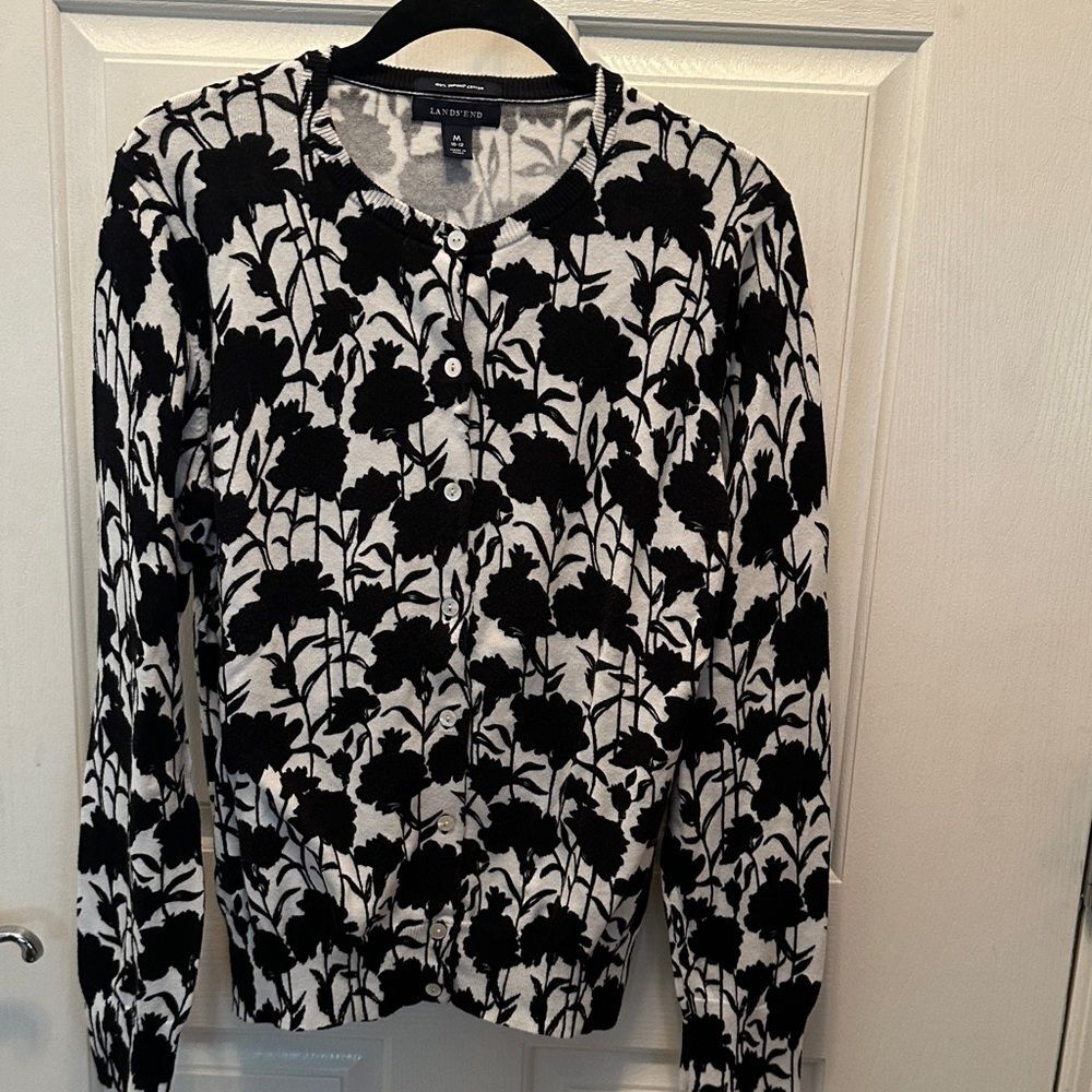 Lands' End Black and White Floral Cardigan 100% Supima Cotton Size M (10-12)